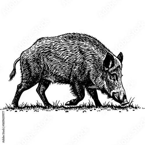 Majestic Wild Boar Illustration in Classic Woodcut Style, Detailed Engraving of Feral Hog, Vintage Monochrome Wildlife Artwork