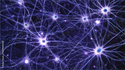 Abstract glowing neural network with interconnected neurons and synapses, purple hues on dark background,