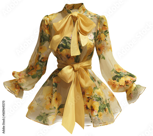 Yellow satin dress with a white floral print and bow, no background, transparent PNG.