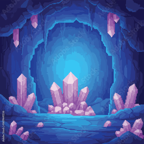 Pixel art illustration of a mystical blue cave with glowing purple crystals.