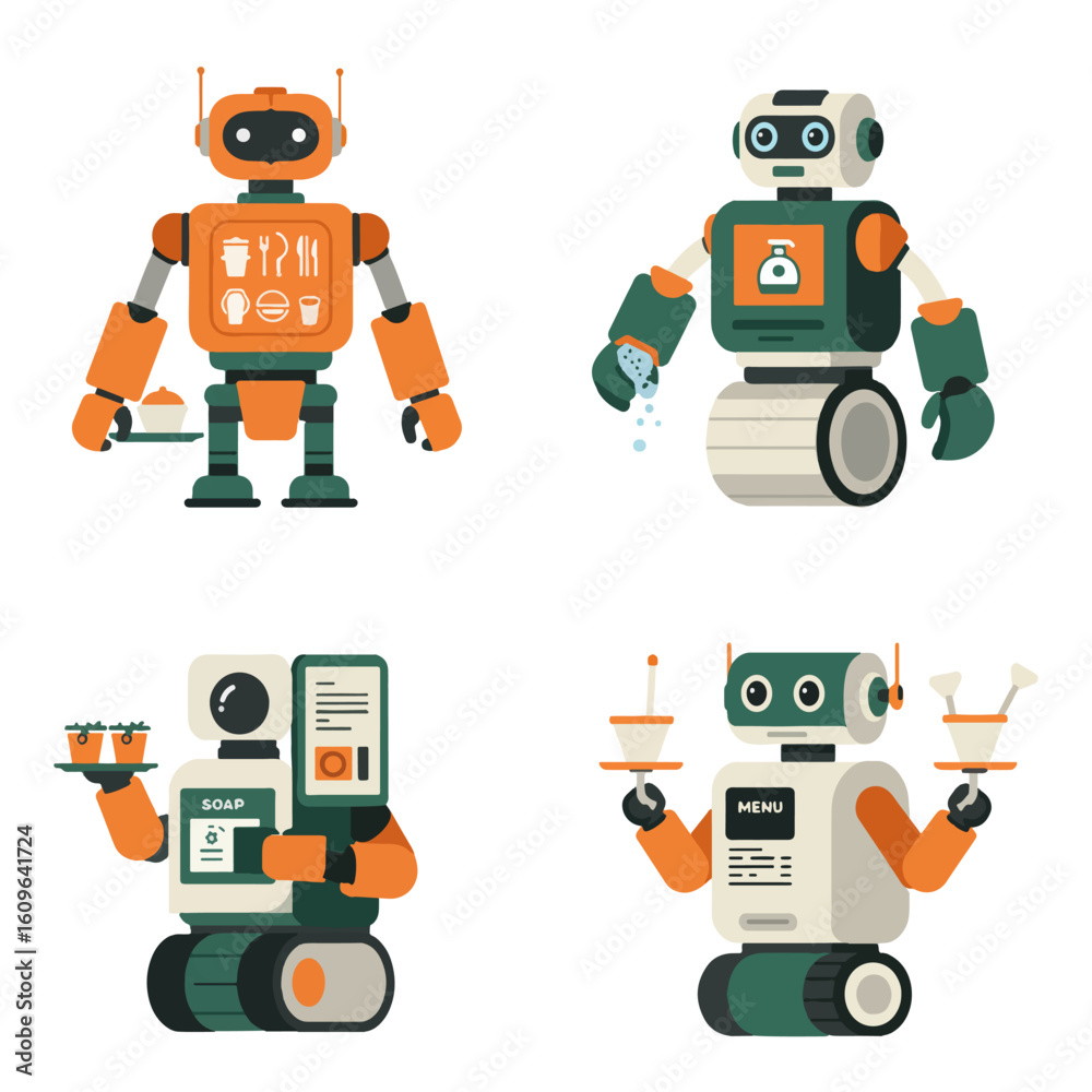 Fototapeta premium Set illustration vector graphic of Smart Canteen Robots