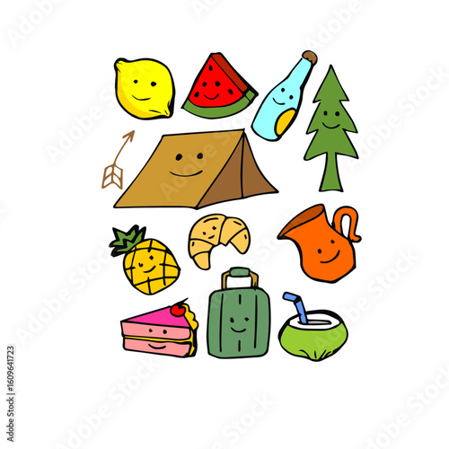 Cute kawaii doodle set of icons and elements with objects