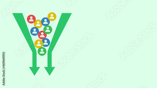 Colorful user icons enter a green funnel composed of two downward-pointing arrows, symbolizing segmentation, filtering, or customer journey paths.