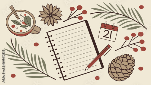 Cozy winter planning scene with calendar notebook pen pinecone and warm drink illustration for blog post 100