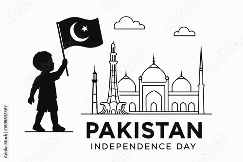 14 August 2025 – Pakistan Independence Day Illustration Featuring Child Holding Flag, Minar-e-Pakistan, Mosques, and National Landmarks