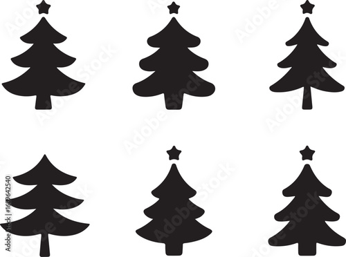 Christmas Tree Silhouette Vector Icon Set, Holiday Pine Tree Collection in Black.