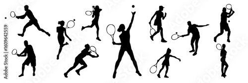 People playing tennis in different poses. Large set of black silhouettes of women and men playing tennis with a racket and a ball.