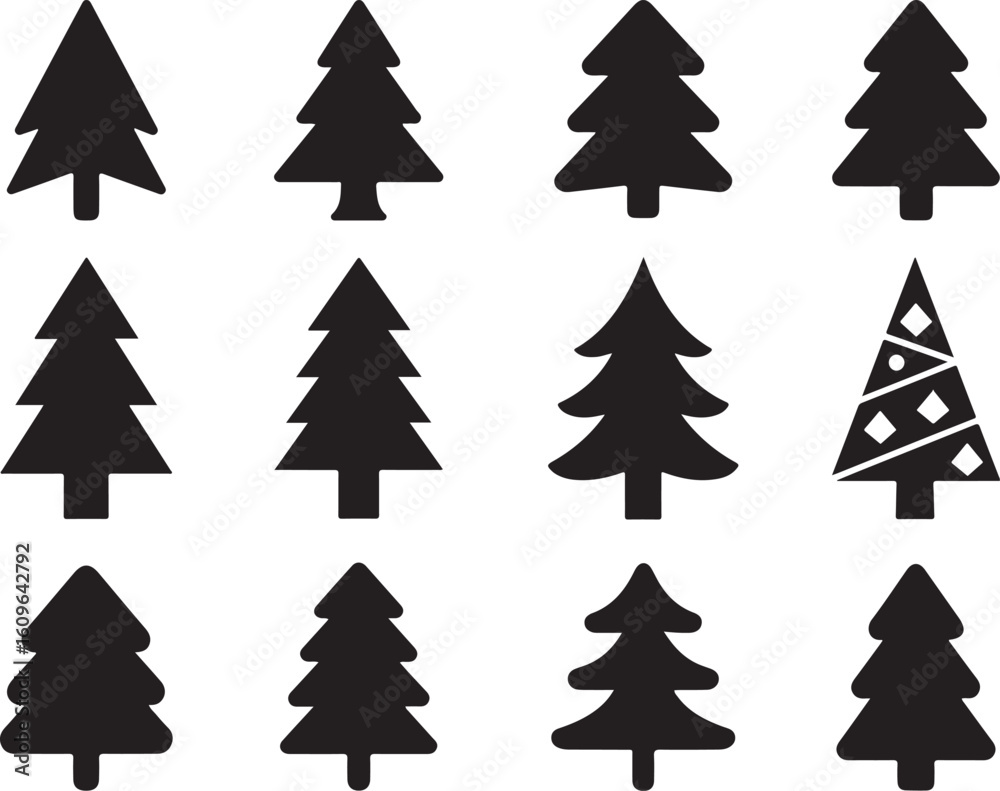Obraz premium Christmas Tree Silhouette Vector Icon Set, Holiday Pine Tree Collection in Black.