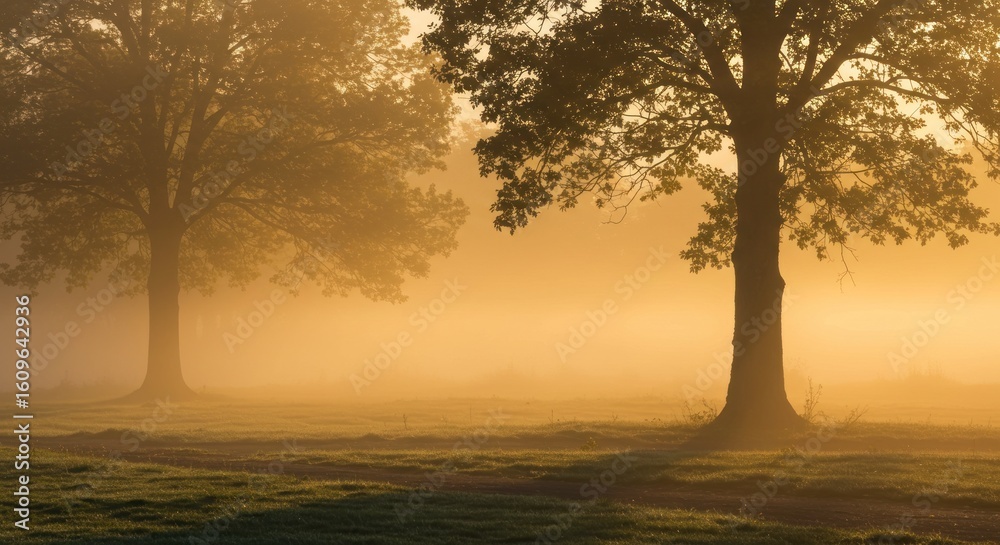 Two trees in a foggy field bathed in golden sunrise light Two trees in a foggy field bathed in golden sunrise light