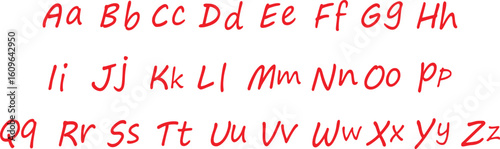 Red handwritten alphabet letters in cursive style, showing both uppercase and lowercase in a casual script. Perfect for educational, artistic, and typography-related creative design projects.