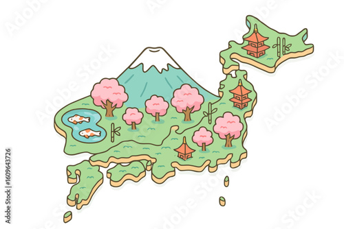 3D hand-drawn map of Japan showing coastal waters, koi ponds, and bamboo details. Perfect for travel guides, education, and branding.