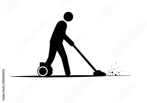 A black silhouette icon of a person using a canister vacuum cleaner to clean a dirty floor.