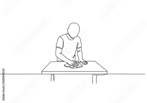 A minimalist line drawing of a faceless person wiping down a table with a cloth.