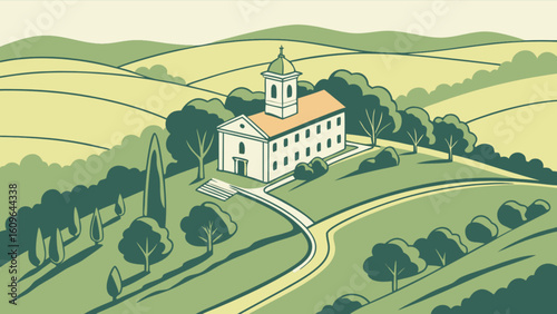 Landscape church building vector illustration scenic view of countryside architecture drawing hilltop design