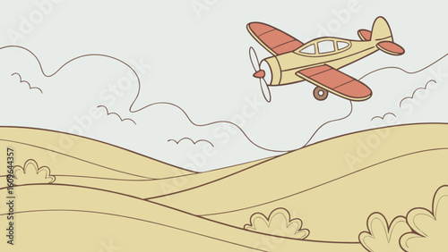 Vintage airplane flying over golden hills and clouds vector illustration for travel and adventure themes