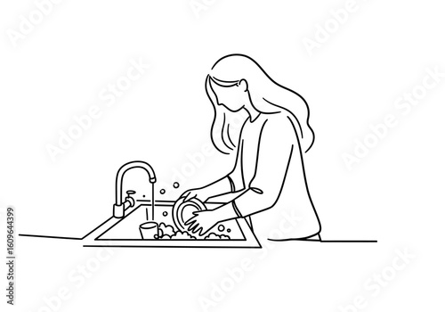 Woman washing dishes in a kitchen sink, simple line drawing illustration.