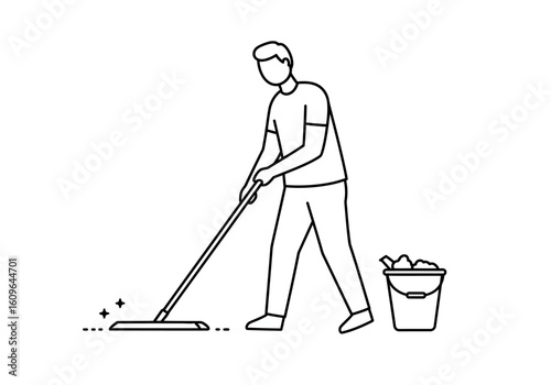 A minimalist line art illustration of a man mopping a sparkling clean floor with a bucket of trash nearby.