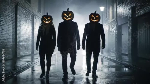 Pumpkin-head trio, night alley walk, spooky