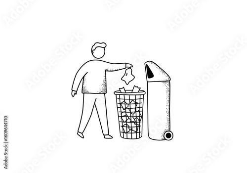An illustration of a person responsibly disposing of crumpled paper into a full waste bin.