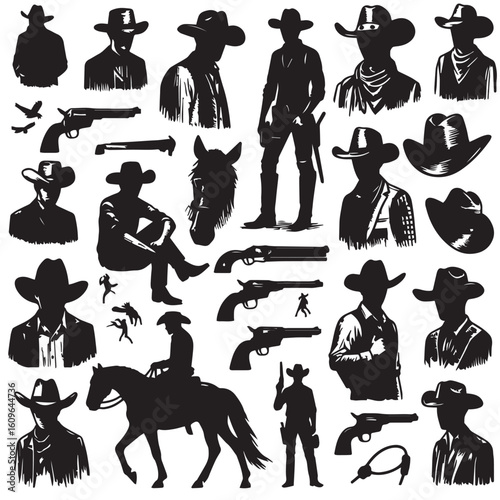 
Silhouette of a Cowboy on Horseback at Sunset

Western Cowboy Silhouette Against Dramatic Sky

Cowboy Riding Horse – Vintage Wild West Silhouette

Lone Cowboy Silhouette with Hat and Lasso

