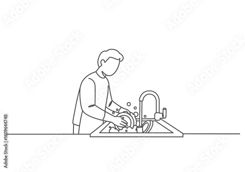 A man washes a soapy plate in a kitchen sink in this minimalist black and white line art illustration.