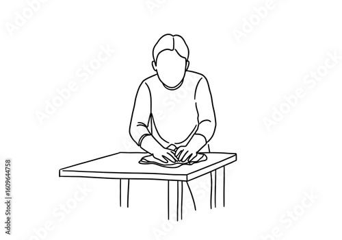 A minimalist black and white line drawing of a faceless person kneading dough or molding clay on a table.