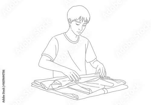 A young person carefully folds clothes on a surface.