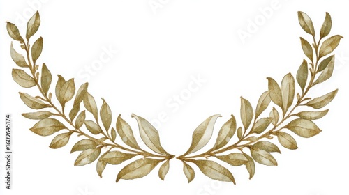 A decorative wreath with symmetrical branches and oval serrated leaves in muted greeny brown tones,