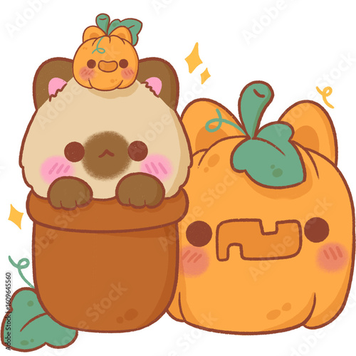 Siamese cat with cute halloween pumpkins, halloween cartoon