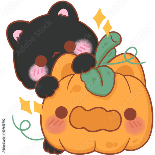 Black cat with pumpkin cartoon, halloween decorations