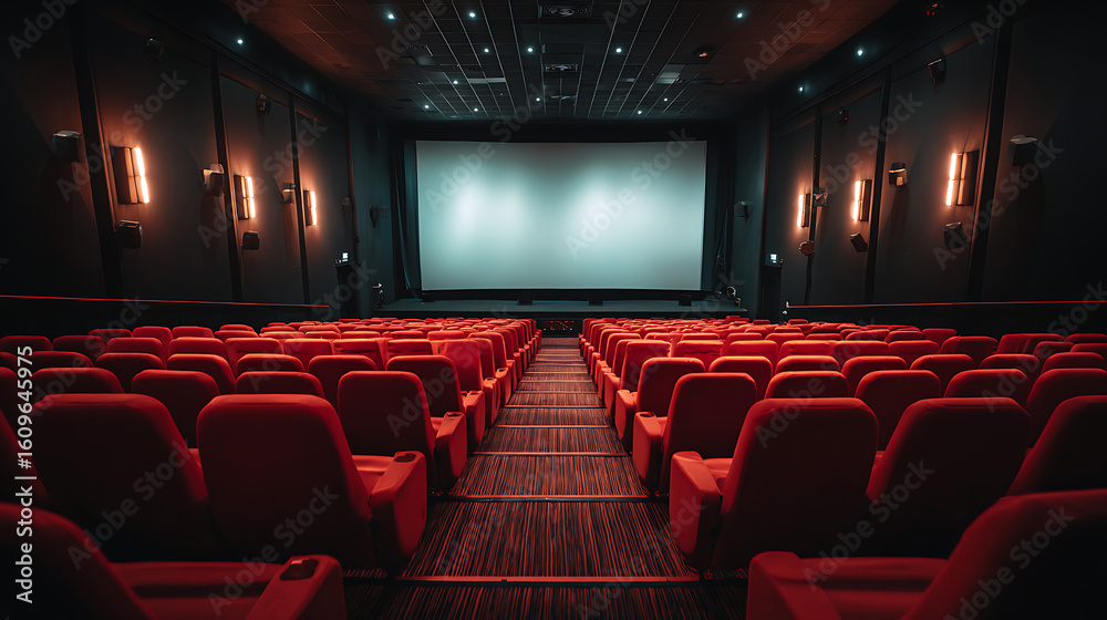Fototapeta premium Modern Cinema with Red Velvet Seats Symmetrical Theater Interior