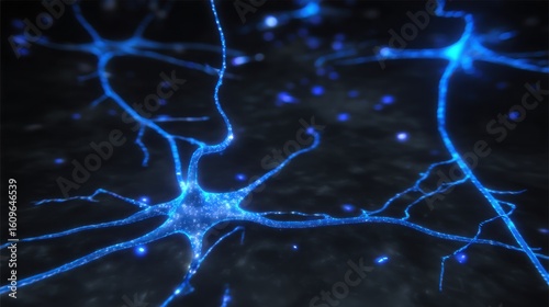 Digital neural network with glowing blue neurons and luminous pathways,
