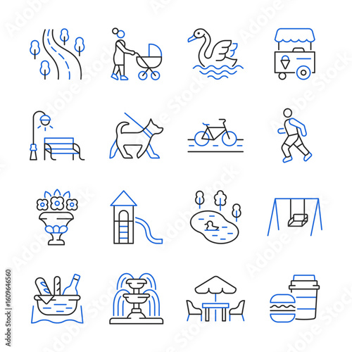 City park line icon set. Color vector collection with ice cream truck, woman with child, swan, bicycle, dog, runner, playground, fountain, street food, bench.