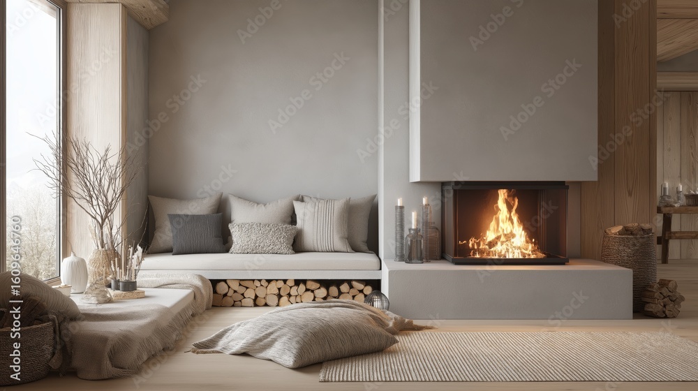 Fototapeta premium Serene Scandinavian home interior with a modern wood-burning fireplace, neutral decor and soft textures.