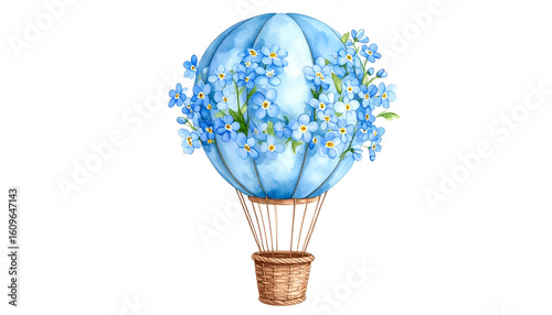 Blue Watercolor Hot Air Balloon with Floral Accents in Sky