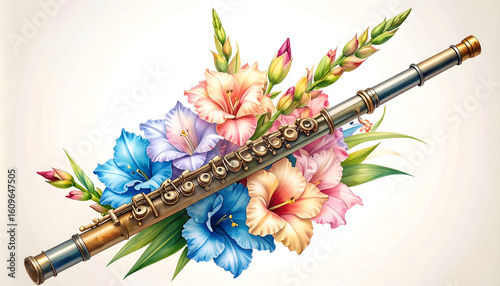 Elegant Flute Surrounded by Vibrant Floral Arrangement Design
