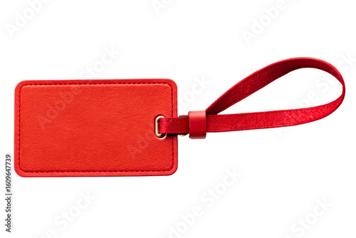 Blank red leather-style luggage tag with strap for travel ID isolated with transparent background