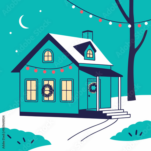 Cozy turquoise house decorated with lights and wreaths in winter  