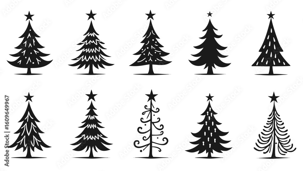 Obraz premium Black silhouettes of decorated evergreen trees with stars christmas tree decoration