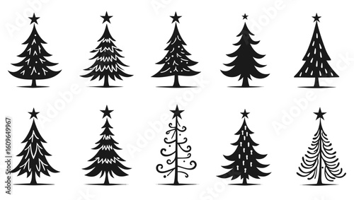 Black silhouettes of decorated evergreen trees with stars christmas tree decoration