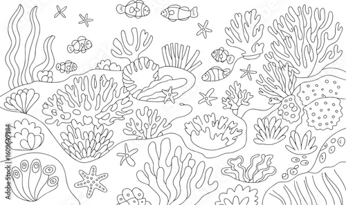 Tropical Underwater Scene with Coral Reef and Marine Life – Flat Vector Illustration