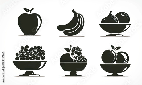Collection of fresh fruit icons in silhouette style apple banana oranges grapes pear for juice logo or healthy food blog