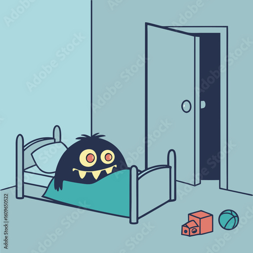 Cartoon monster hiding under the bed in a children's bedroom  