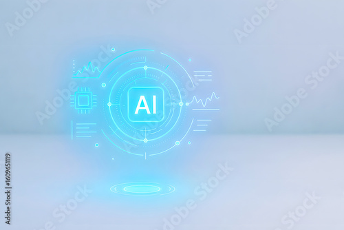 Futuristic glowing blue AI interface projection with data charts and processor icon on minimal white background, symbolizing advanced artificial intelligence systems and data-driven decision making