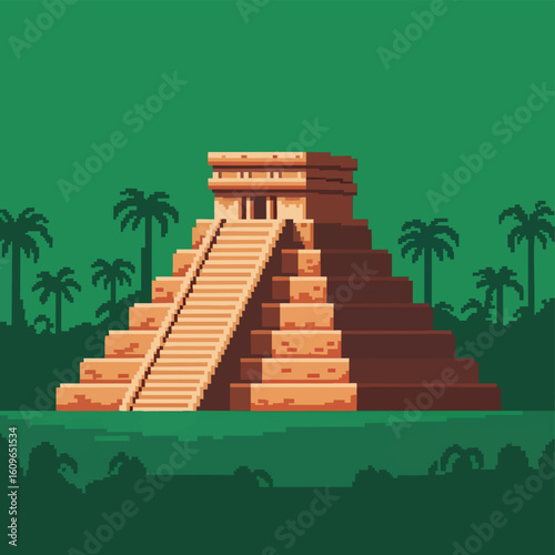 Pixel Art Depiction of a Mayan Pyramid in a Jungle Setting.