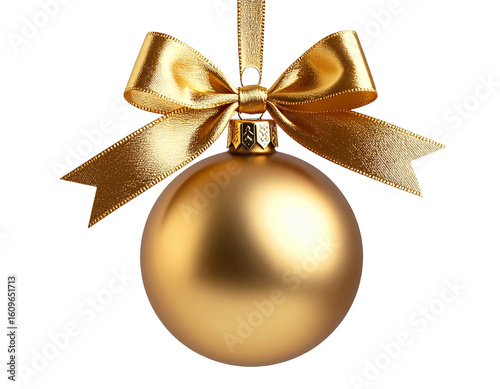3D Hanging Gold Christmas Ornament Ball with Ribbon, Side Angle, Isolated PNG