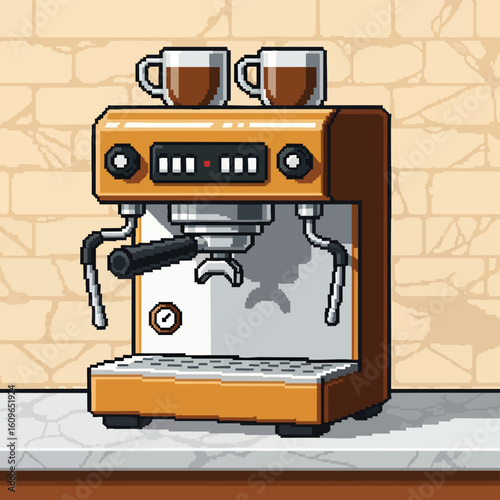 Pixel art illustration of a retro orange espresso machine with two cups of coffee.