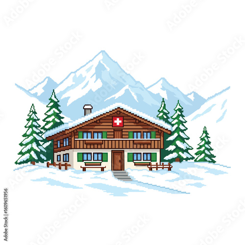 Pixelated Swiss Chalet in Snowy Mountain Landscape.