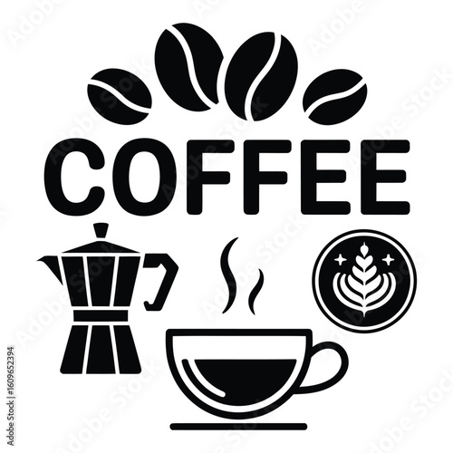 Coffee shop logo icons with beans, moka pot, cappuccino, and barista badge, black and white vector design
