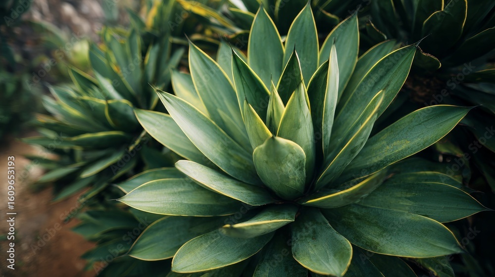 Fototapeta premium Close-up image of a thriving Agave plant growing in an outdoor environment